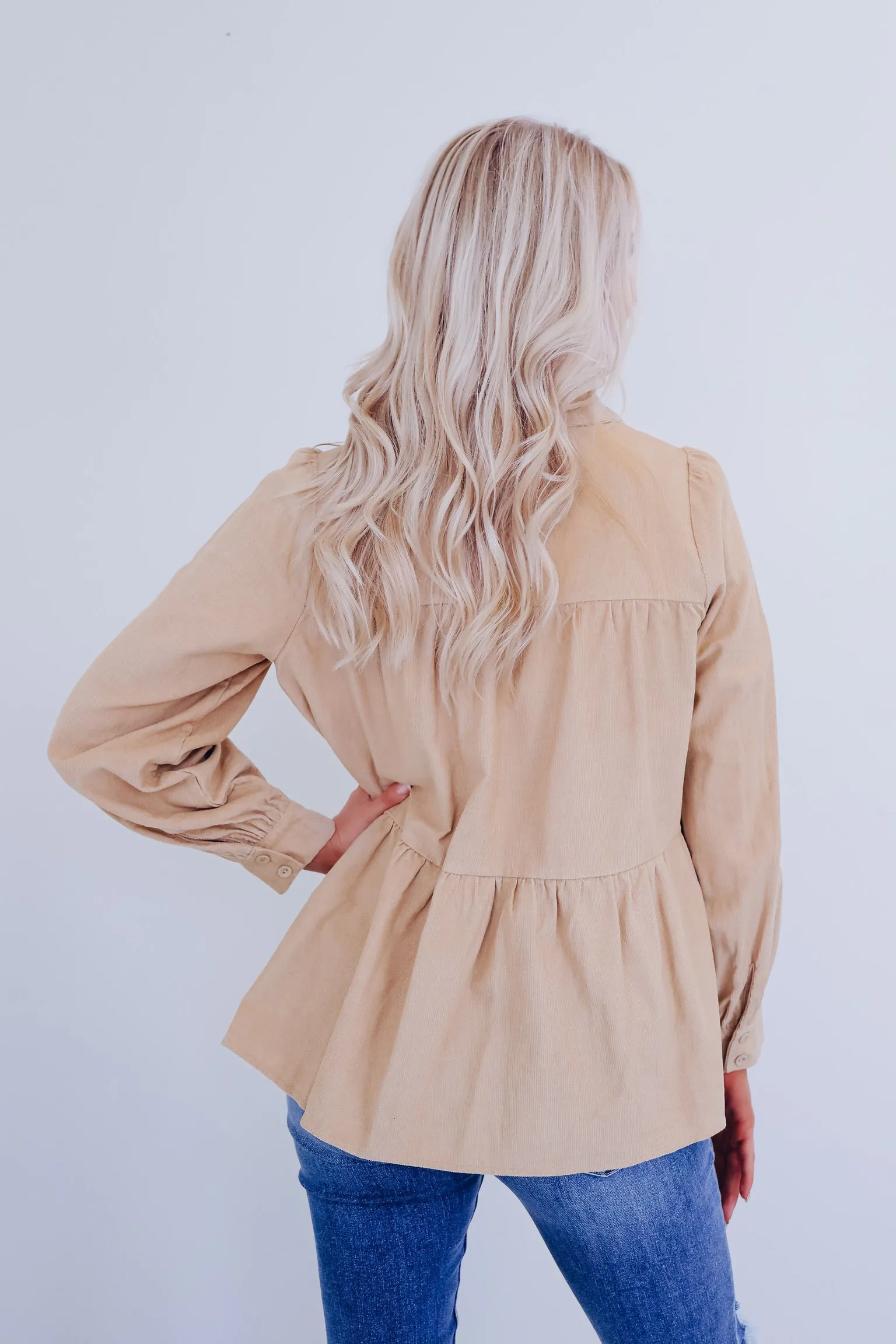 Kendra Micro Corduroy Baby Doll Top - Taupe