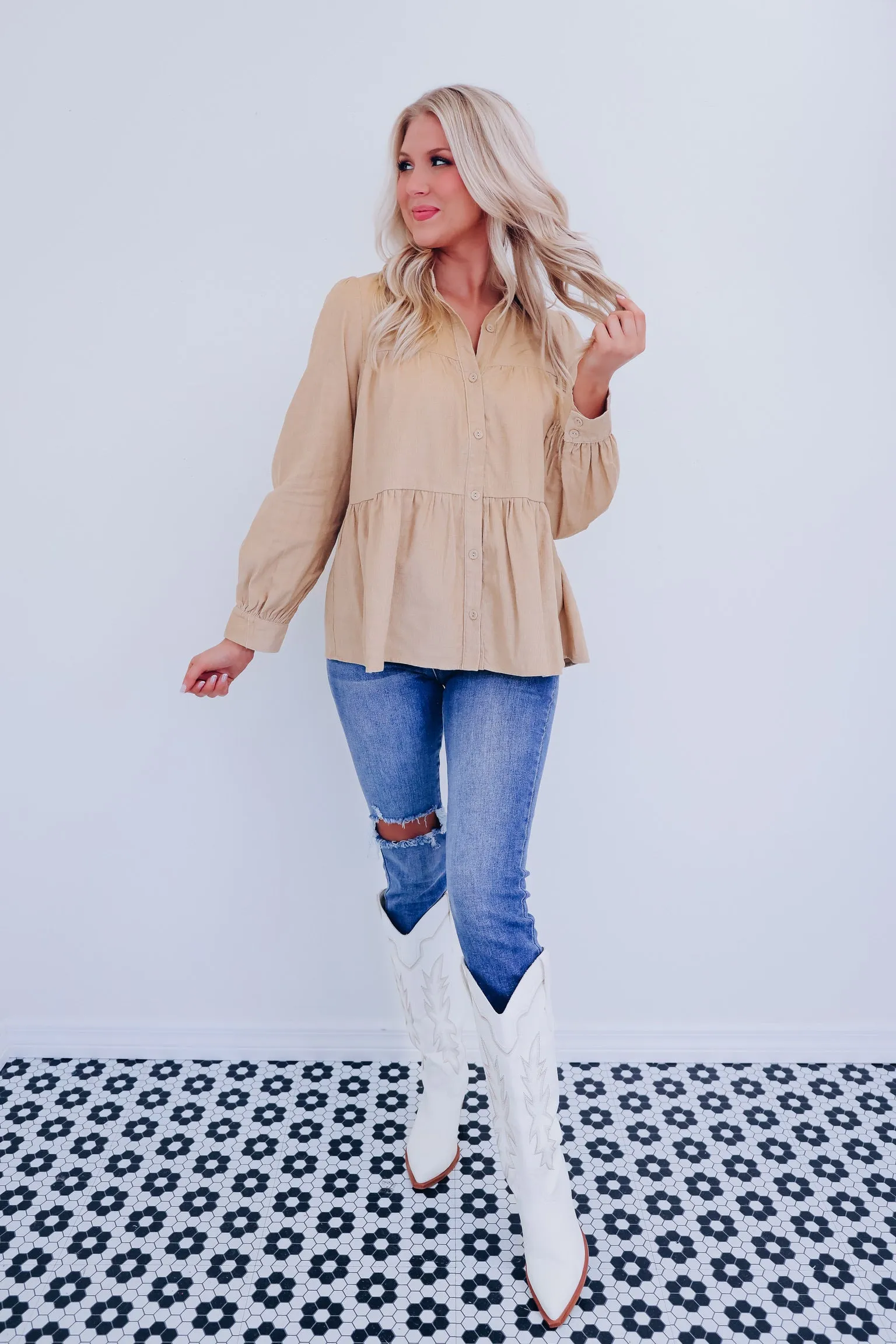 Kendra Micro Corduroy Baby Doll Top - Taupe
