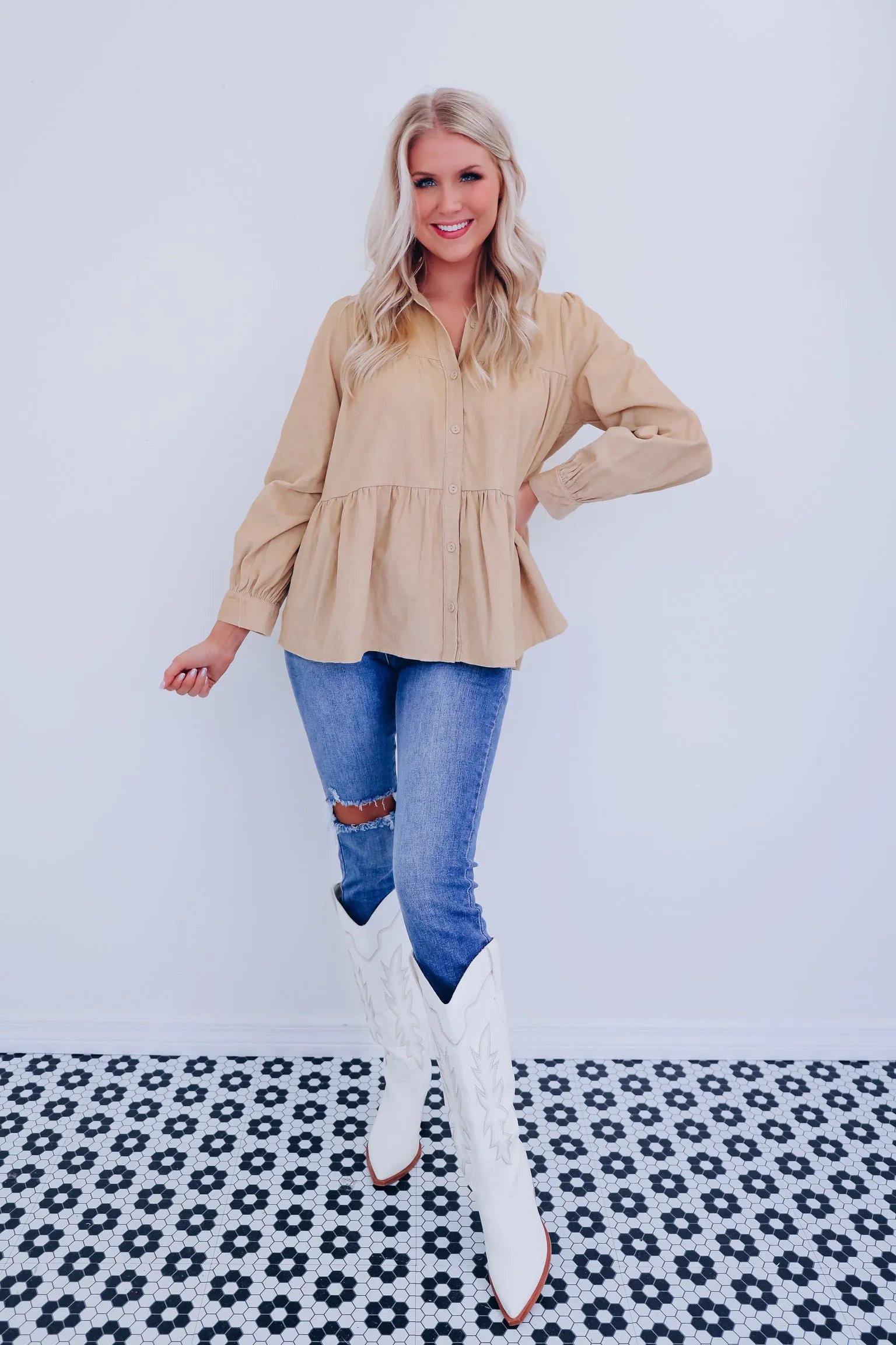 Kendra Micro Corduroy Baby Doll Top - Taupe