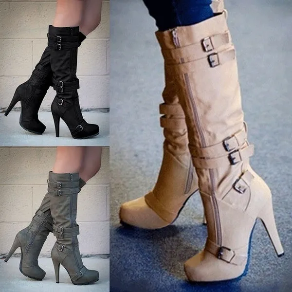 Leather Boots Stiletto Heel High Boots Knee High Boots