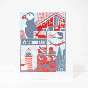 Maine art print, Vacationland art print, vintage poster art inspired print, Maine state wall art, puffin art, lighthouse art