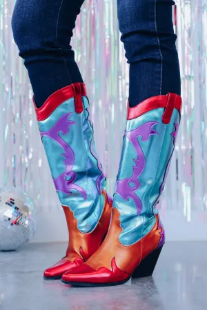 Mardi Gras Flare Heeled Boots - Teal