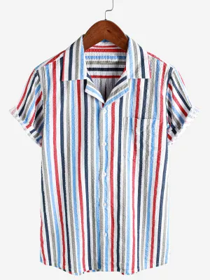 Men's Casual 100% Cotton Striped Pocket Hawaiian Holiday Button Up Short Sleeve Shirt