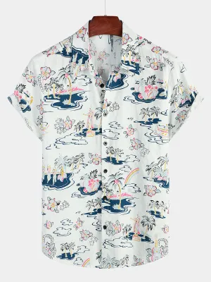 Men's Casual Hawaiian Cotton Print Short Sleeve Shirt