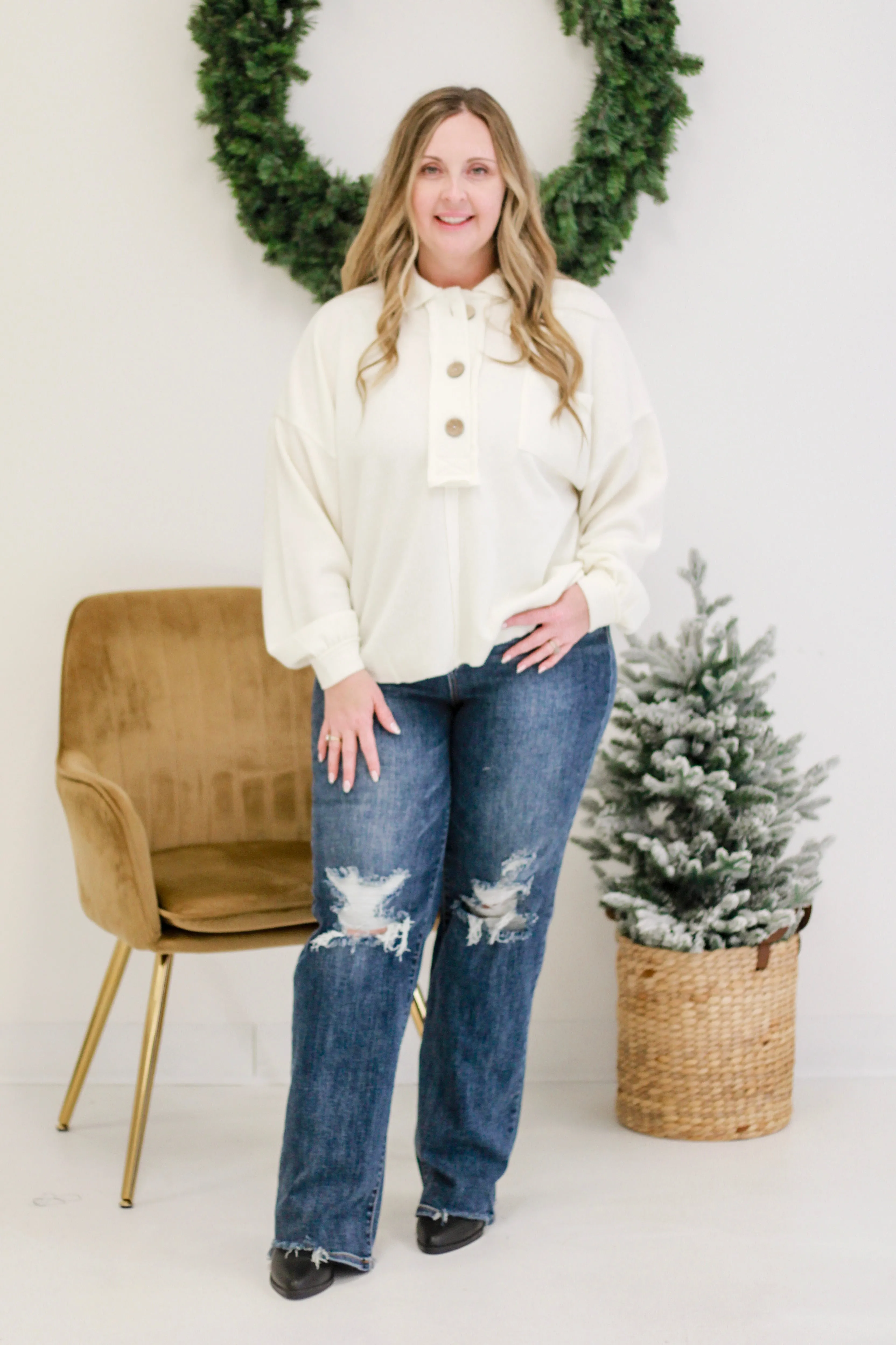 Not Shocked Ribbed Henley in Cream