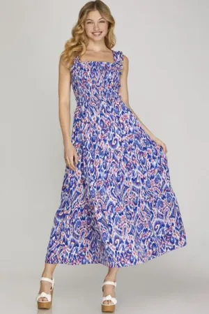 Royal Blue Smocked Printed Wide Strap Tiered Dress