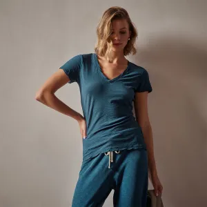 Sheer Slub Casual V Neck - Teal