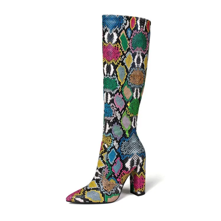 Snake pattern chunky heel boots