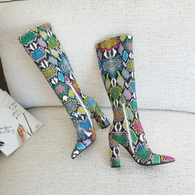 Snake pattern chunky heel boots