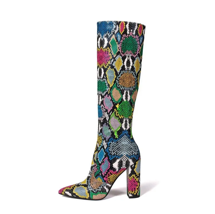 Snake pattern chunky heel boots