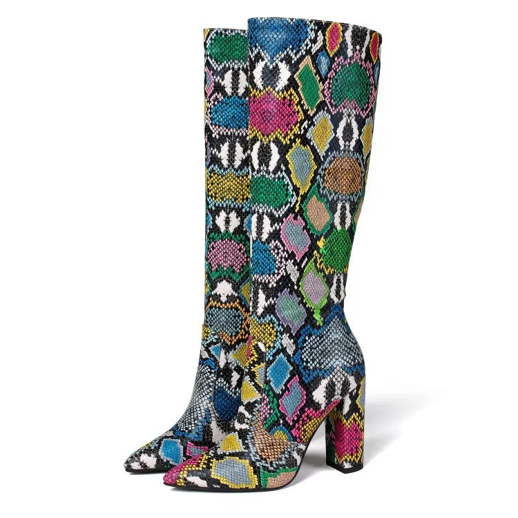 Snake pattern chunky heel boots