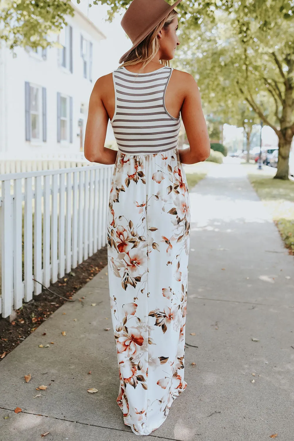 Striped Floral Print Sleeveless Maxi Dress with Pocket