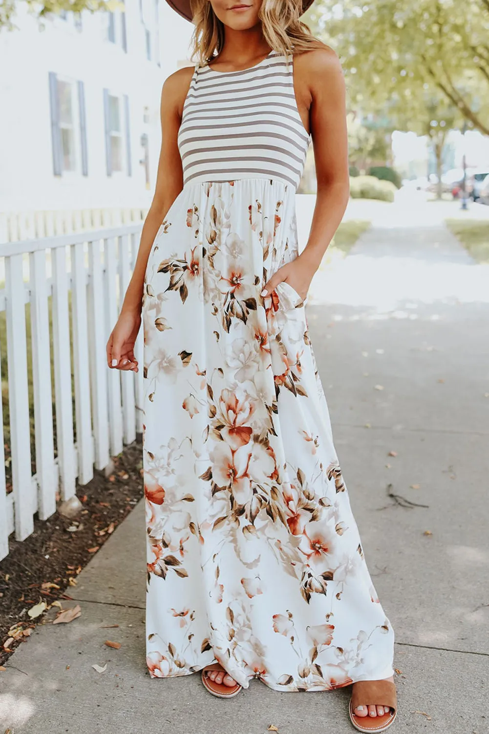 Striped Floral Print Sleeveless Maxi Dress with Pocket