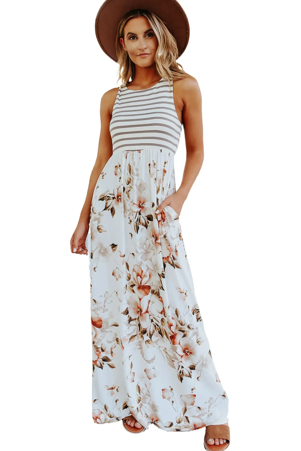 Striped Floral Print Sleeveless Maxi Dress with Pocket