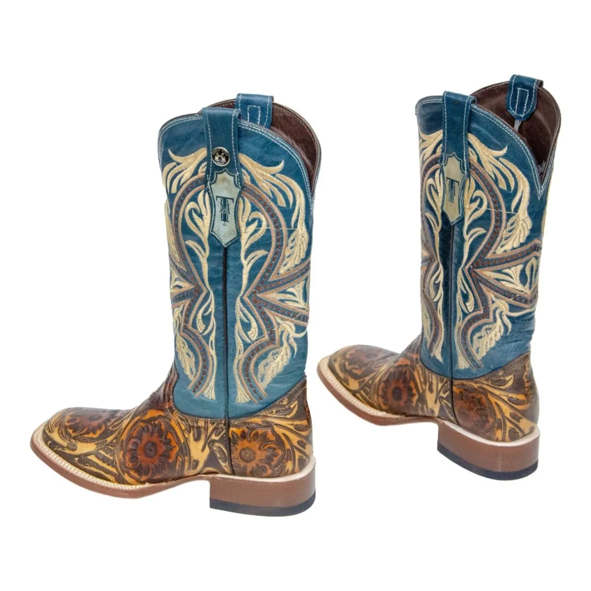 TANNER MARK WOMEN’S Hand Tool Jungle Orix-Cognac Cowgirl Boots With Volcano Blue Top