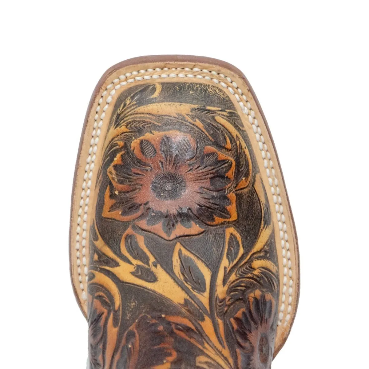 TANNER MARK WOMEN’S Hand Tool Jungle Orix-Cognac Cowgirl Boots With Volcano Blue Top