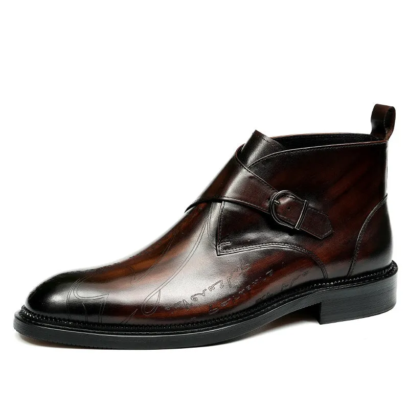Top Layer Cowhide Men's Leather Shoes Winter Martin Boots Genuine Leather England Style Carved Business Formal Wear High-Top Leather Shoes Pointed Men's Ankle Boots89612