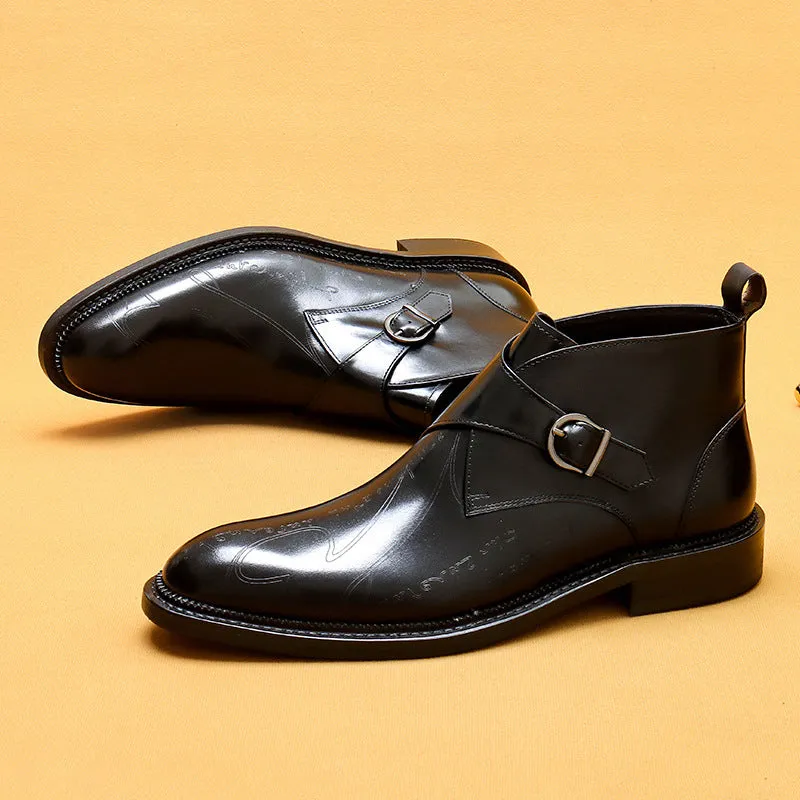 Top Layer Cowhide Men's Leather Shoes Winter Martin Boots Genuine Leather England Style Carved Business Formal Wear High-Top Leather Shoes Pointed Men's Ankle Boots89612