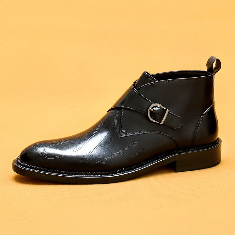 Top Layer Cowhide Men's Leather Shoes Winter Martin Boots Genuine Leather England Style Carved Business Formal Wear High-Top Leather Shoes Pointed Men's Ankle Boots89612