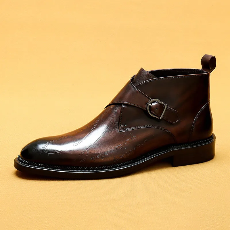 Top Layer Cowhide Men's Leather Shoes Winter Martin Boots Genuine Leather England Style Carved Business Formal Wear High-Top Leather Shoes Pointed Men's Ankle Boots89612