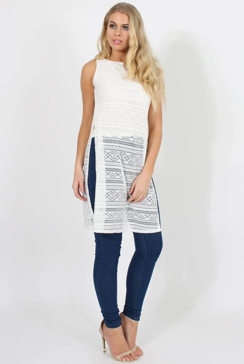 White Crotchet Side Split Top - Lottie