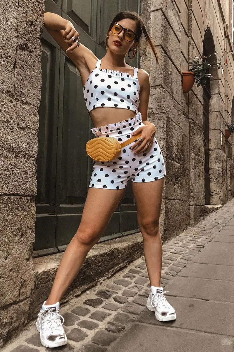 White Polka Dot Ruffle Trim Shorts And Bralet Co-Ord - Yara