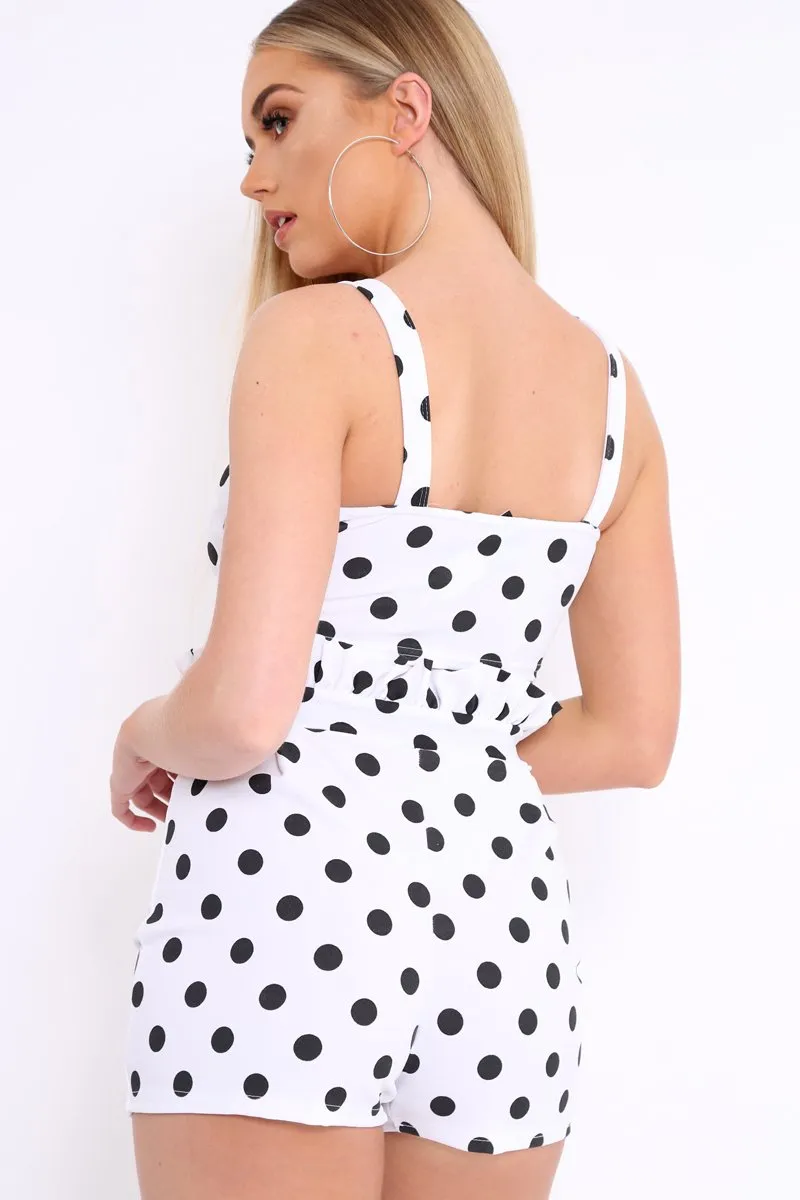 White Polka Dot Ruffle Trim Shorts And Bralet Co-Ord - Yara